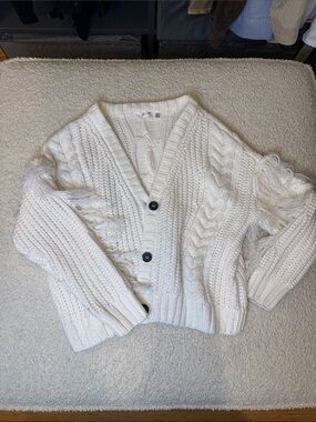Cable-Knit Fringe Button Cardigan - Cream
